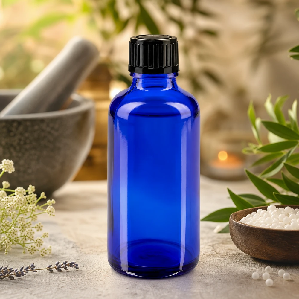 Blauw apothekersflesje van 50 ml met een tegen manipulatie beveiligde dop, gevuld met geneeskrachtige kruiden en bloemen
