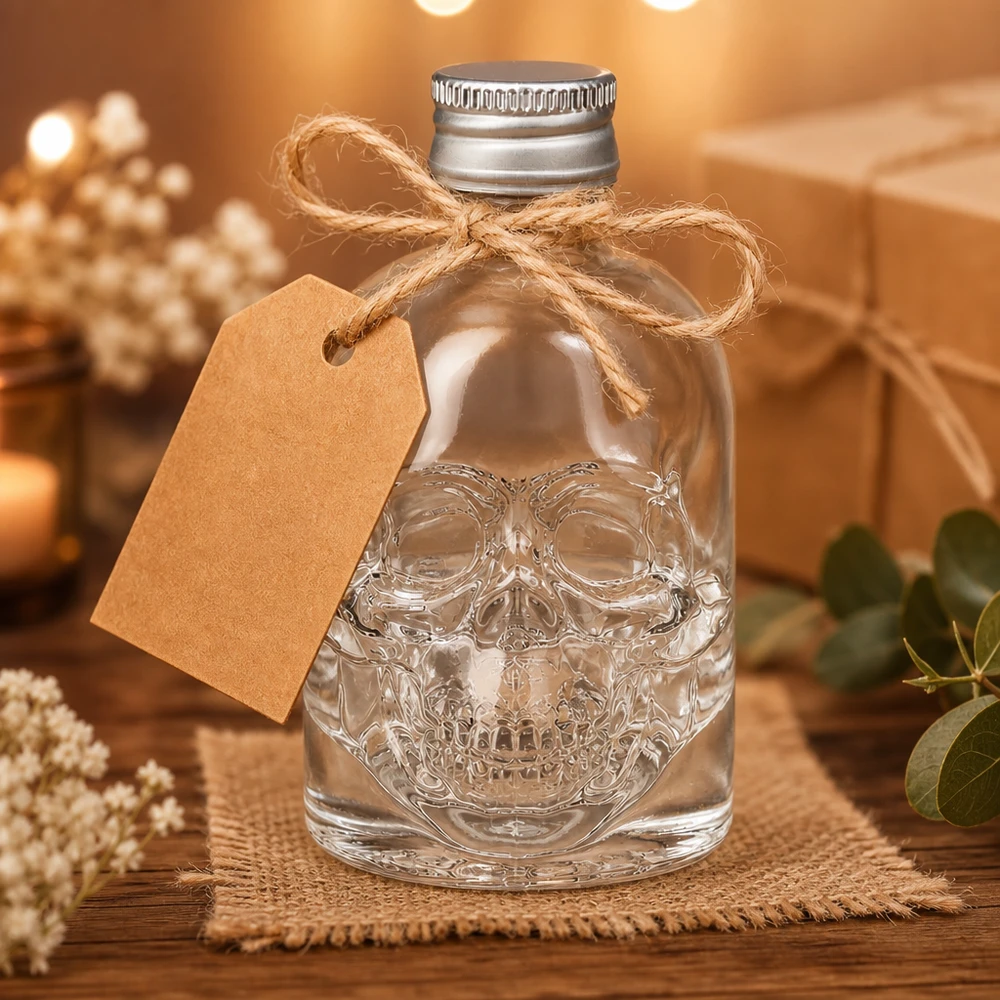 50 ml Hector glazen fles met doodshoofd in reliëf als cadeau versierd met een jute strik en kraftpapieren label