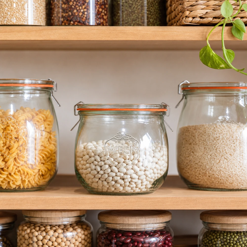 WECK tulp pot 370ml RR80 voor voorraad organisatie met witte bonen tussen pasta en rijst in opbergrek