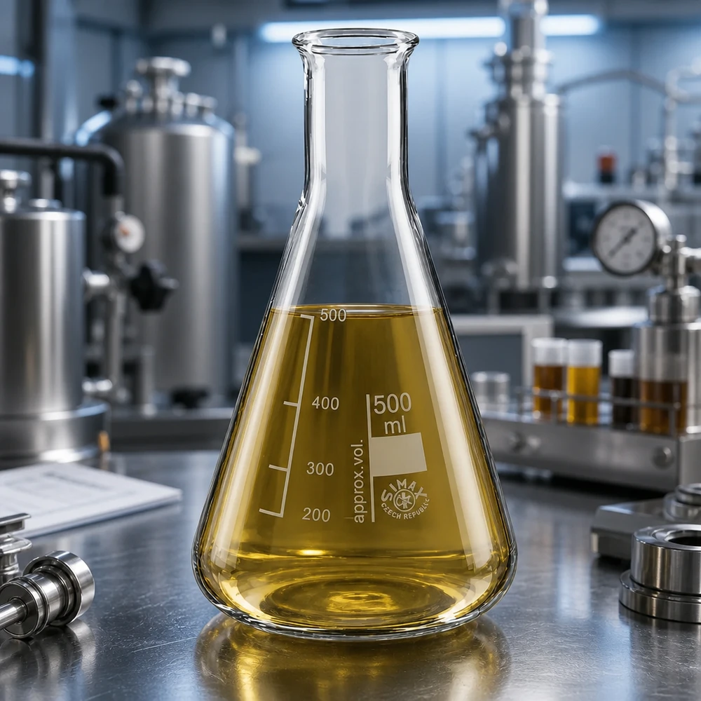 Wetenschappelijke erlenmeyer 500ml van transparant glas met goudgele teststof