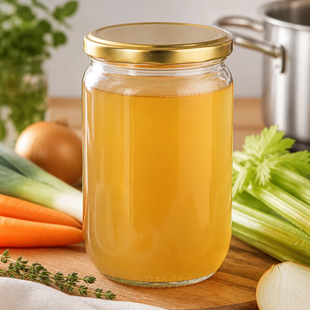 Doorzichtig rond UniTwist-glas van 555 ml met een gouden twist-off-deksel, gevuld met groentebouillon