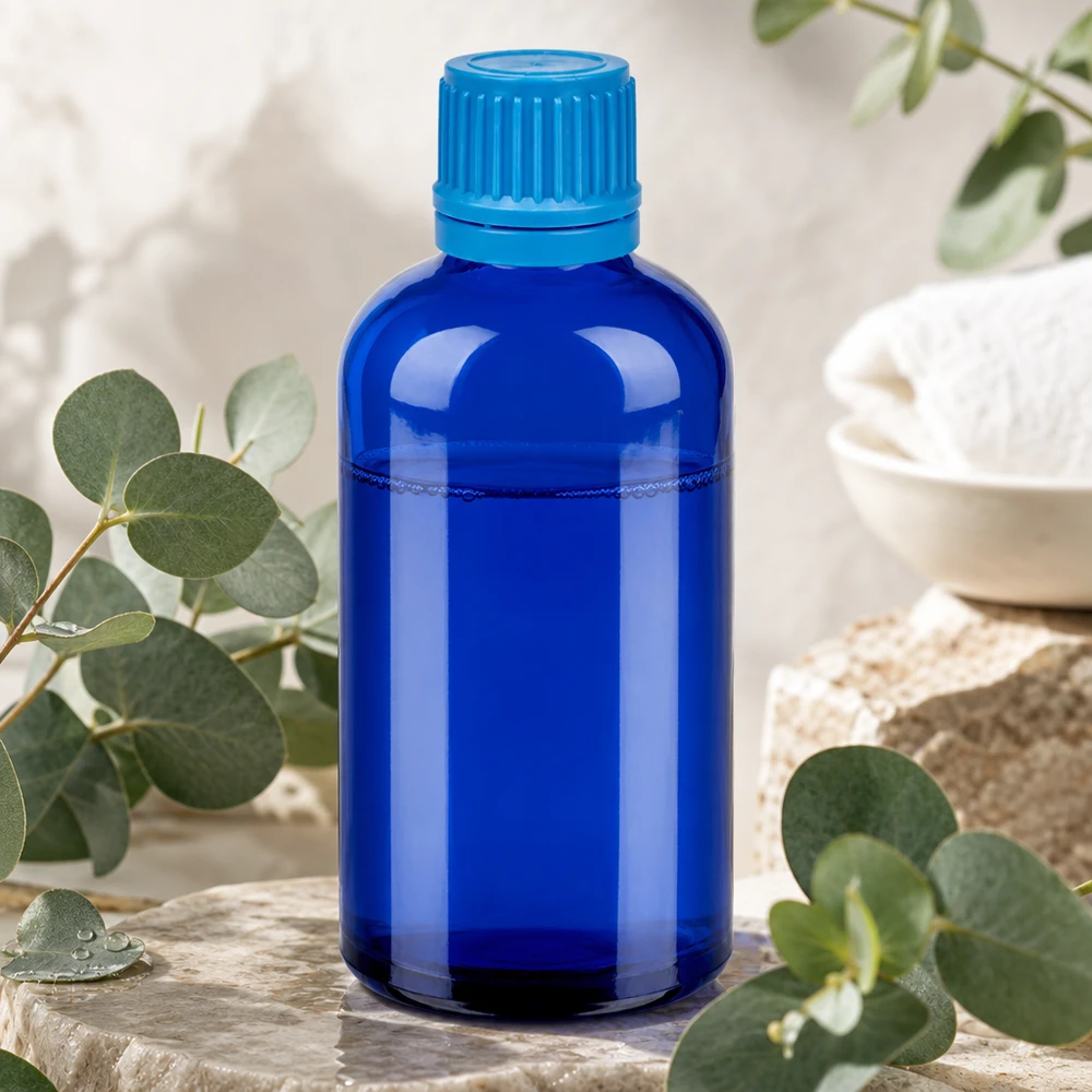 Precies vervaardigde 100 ml fles met schroefdop en 11 mm dop van UV-beschermend blauw glas