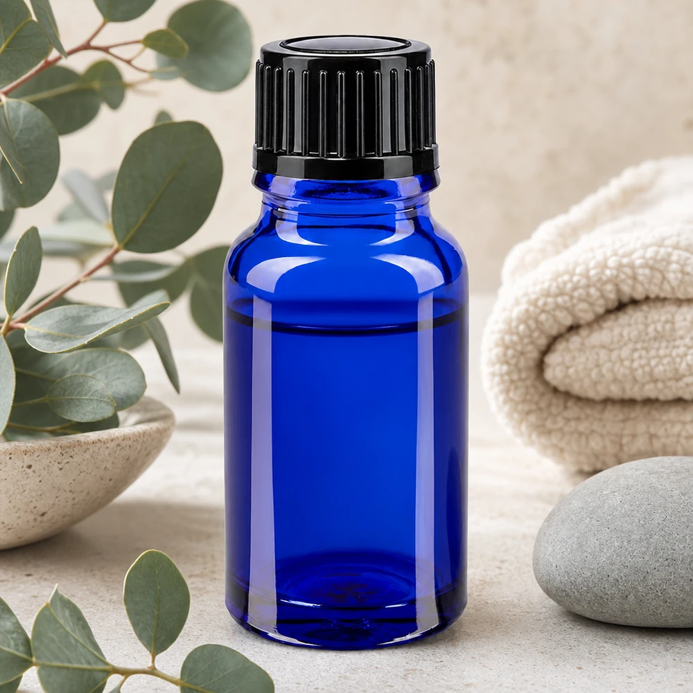 Lichtbeschermende fles, blauw, 10 ml, Apoglas, met zwarte draaisluiting van 11 mm voor oliën