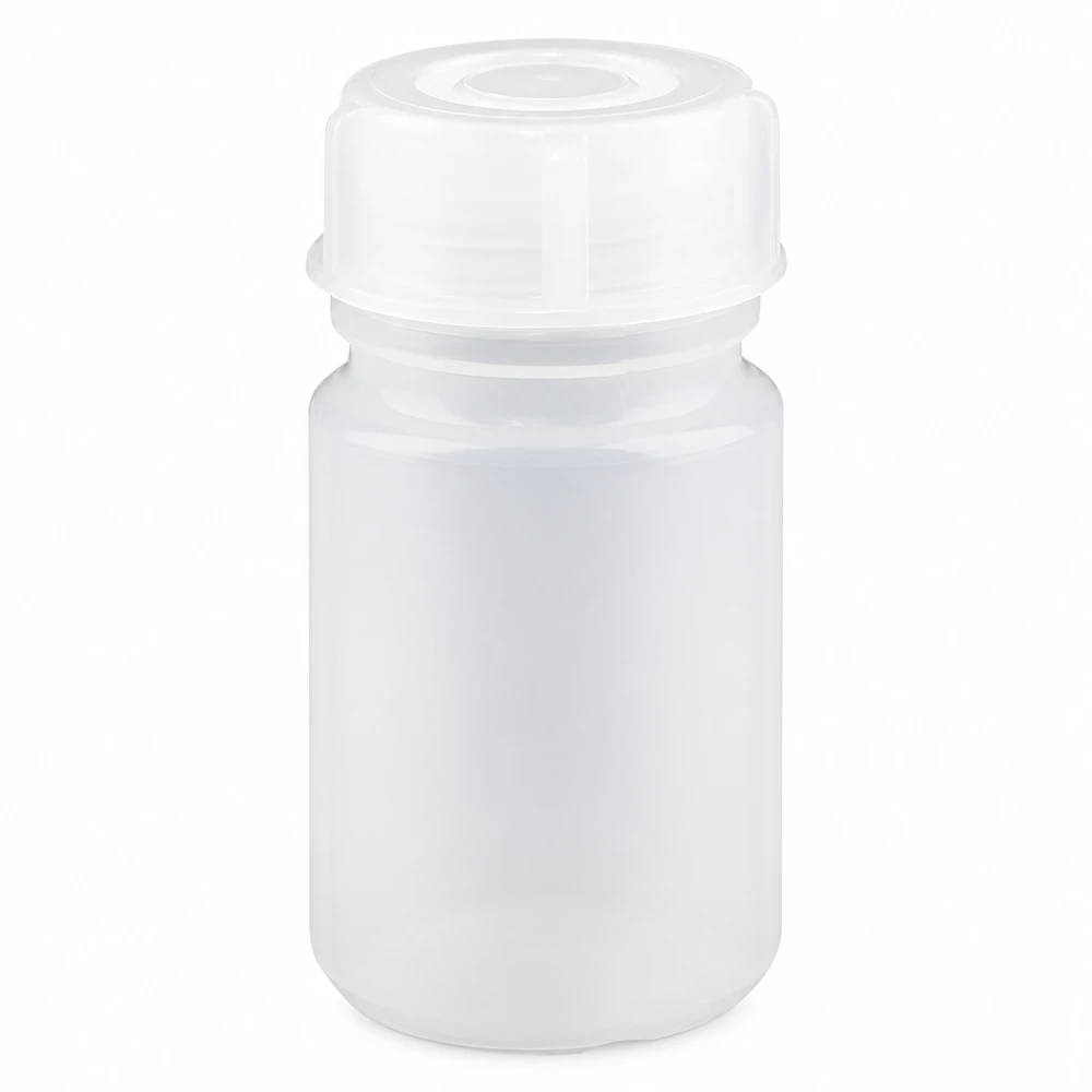 Wijde hals laboratoriumfles 50ml met sluiting Cilindrische witte plastic laboratoriumfles van 50 ml met een schroefdop met brede rand