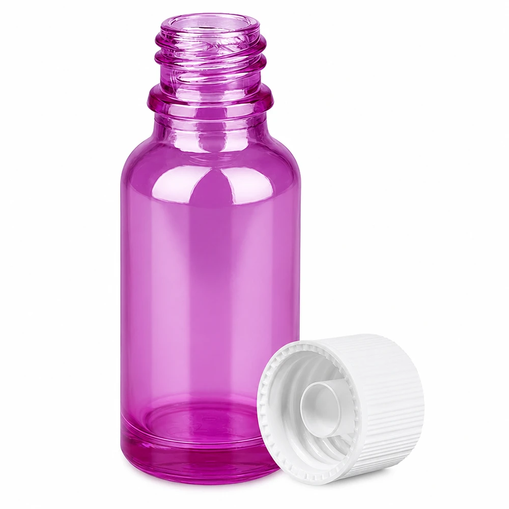 20ml fles 11mm schroefdop wit standaard PurpleLine UT18/20 Paars 20ml glazen flesje 11mm opening met witte dop voor druppeltoepassingen