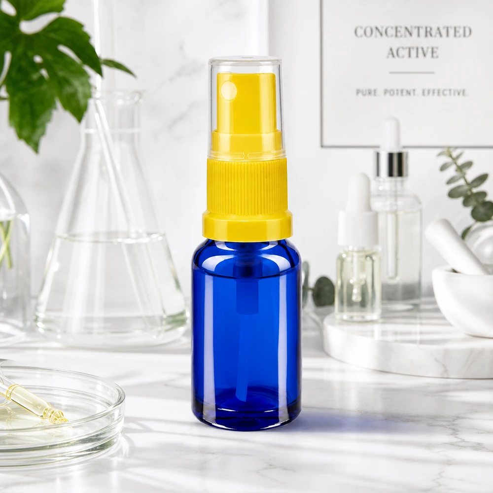 Miniatuur glazen spuitflesje, blauw-geel, 10 ml, voor etherische oliën, cosmeticaproducten en laboratoriumtoepassingen
