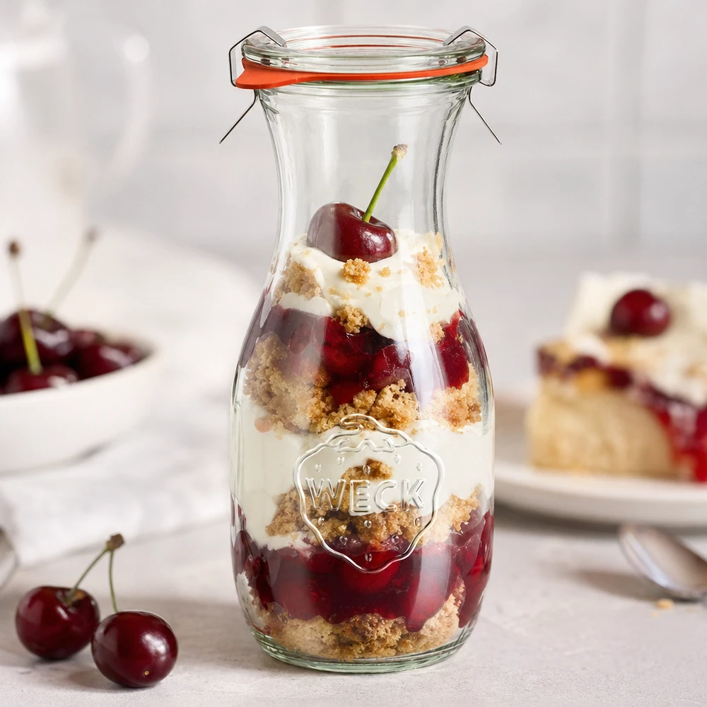 WECK 530ml sapfles RR60 als dessertpot gevuld met kersengelaagd dessert en room naast verse kersen
