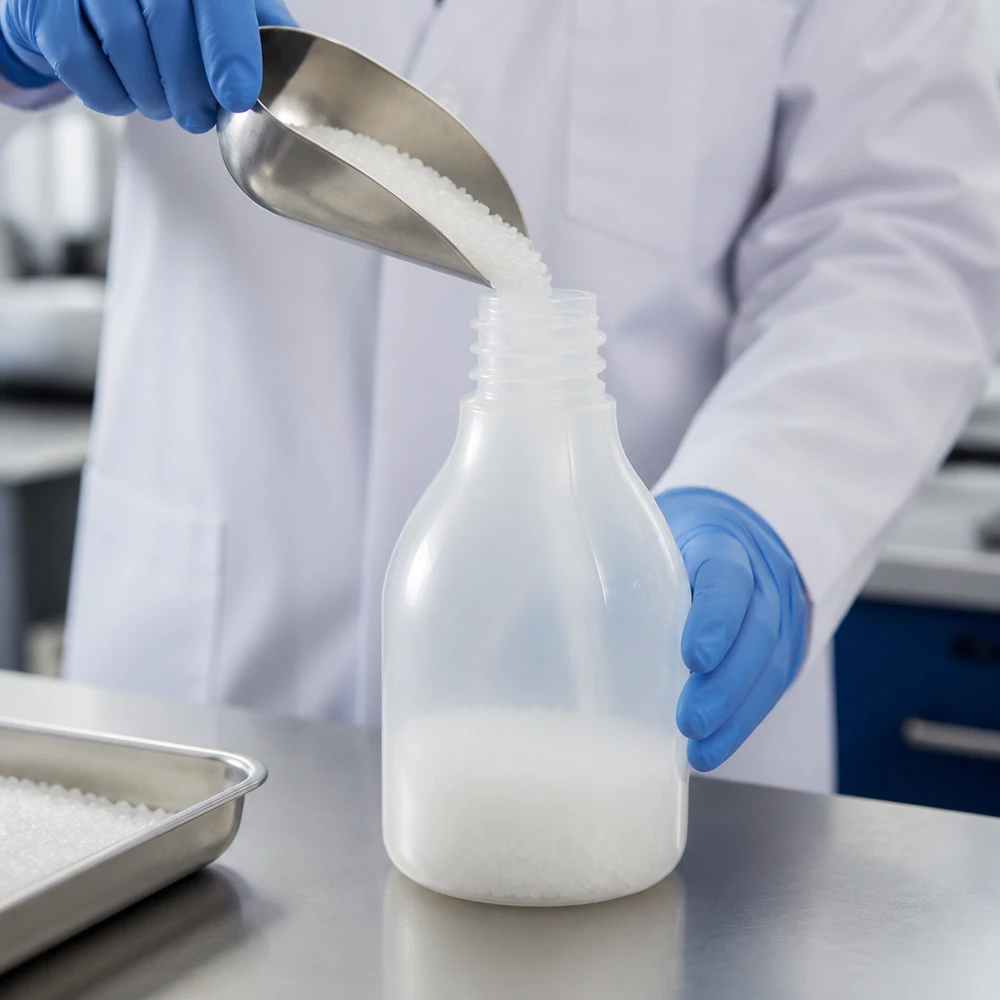 Laboratoriumfles met smalle hals van 30 ml op een roestvrijstalen tafel tijdens het vullen met witte kunststofkorrels