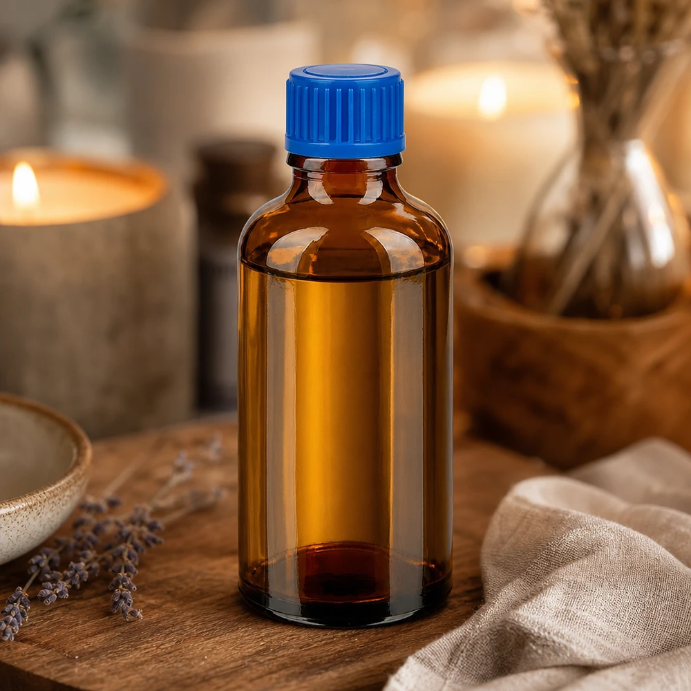 Handige 50ml amberkleurige glazen fles met ergonomische blauwe schroefdop voor dagelijks gebruik