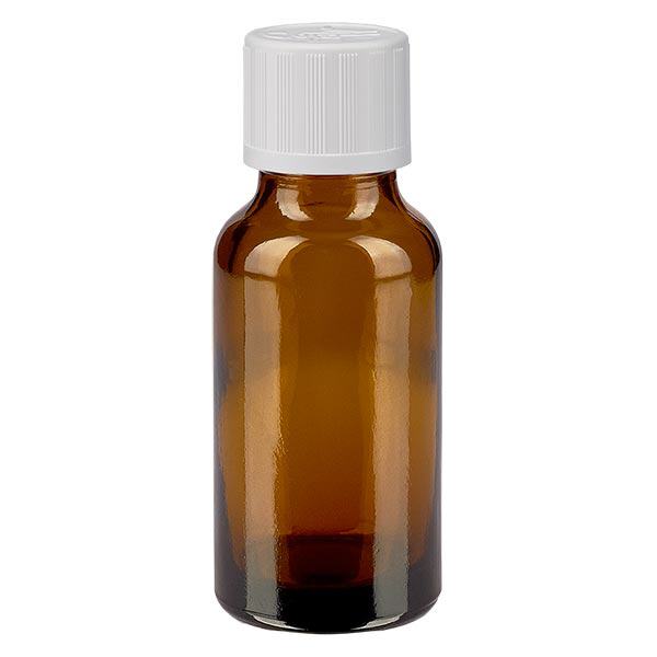 Bruine glazen fles 20ml met wit druppelsluiting kinderslot St Bruine glazen fles 20ml met wit druppelsluiting kinderslot St