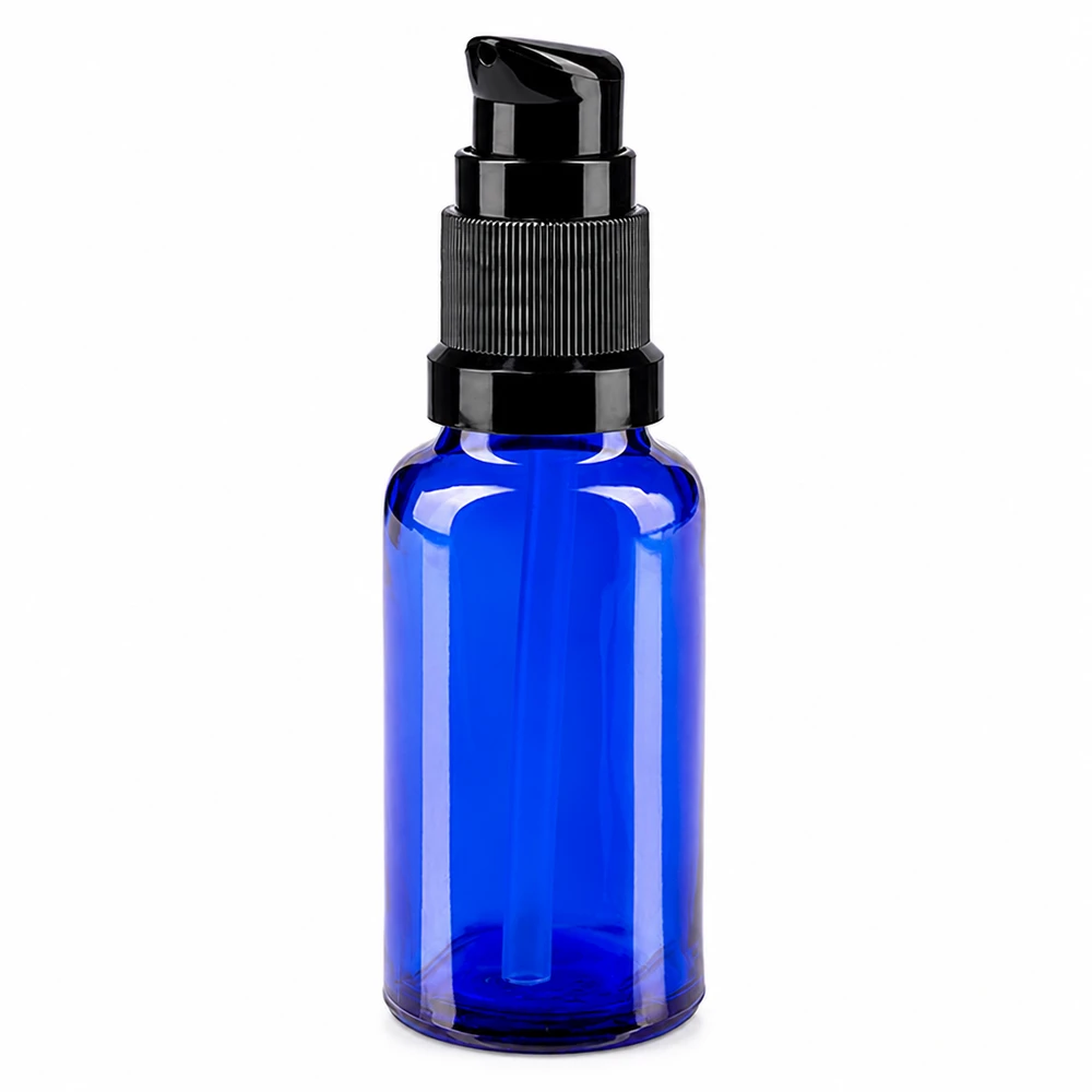 Blauw glazen flesje van 20 ml met pompdop, ideaal voor cosmetische serums en etherische oliën