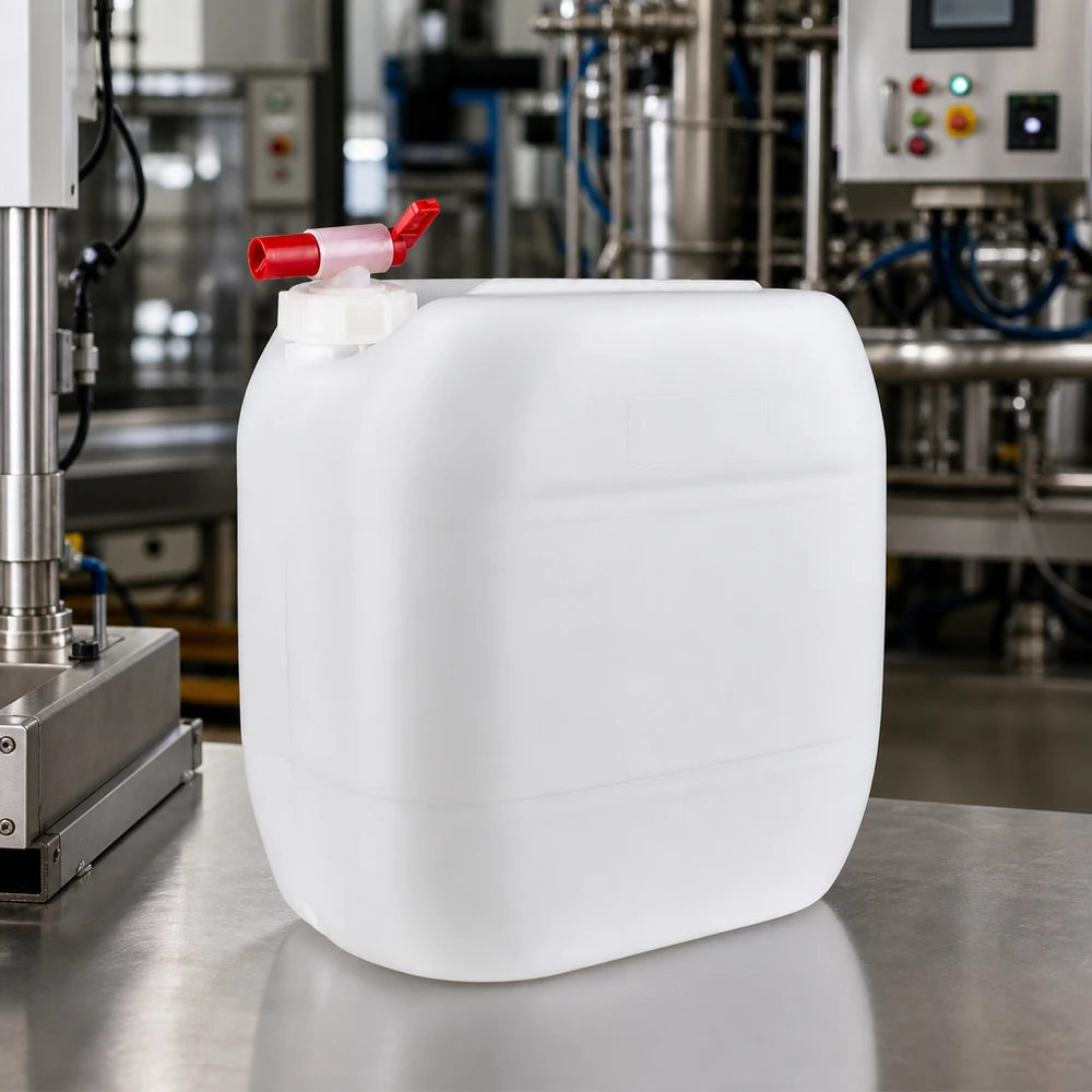 30l jerrycan met aftapkraan, UN-toelating Doorschijnende lege jerrycan van 30 liter met rode kogelkraan in een industriële omgeving