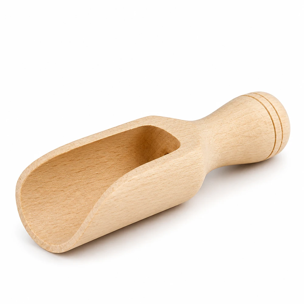 Handgemaakte houten schep van beukenhout 7,5 cm lange halfronde vorm met ergonomisch handvat voor specerijen
