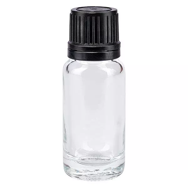 Helder glazen flessen 10ml met zwart schroefsluiting uitgietring VR Helder glazen flessen 10ml met zwart schroefsluiting uitgietring VR