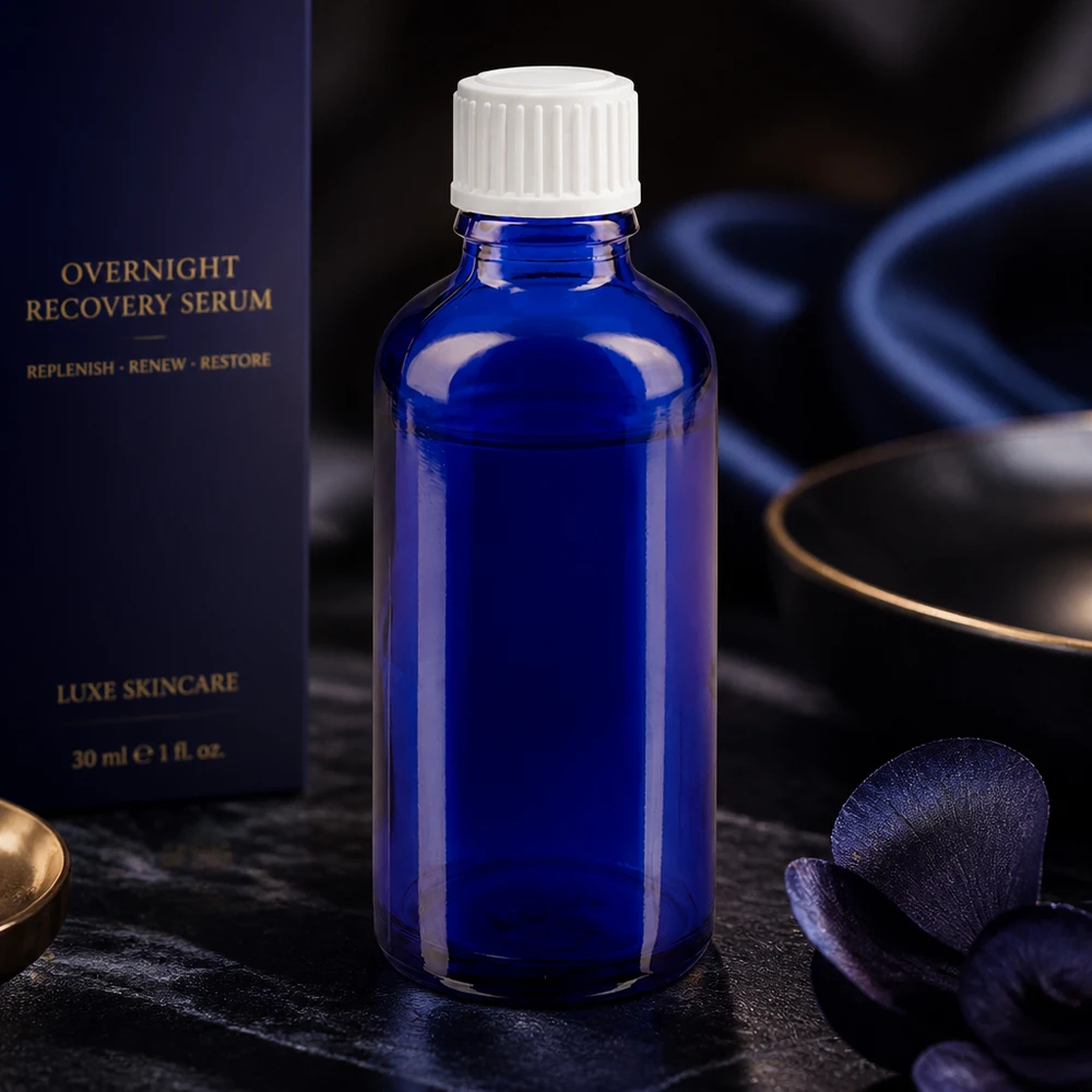 Kobaltblauwe glazen fles met UV-bescherming en een witte druppeldop voor het Overnight Recovery Serum