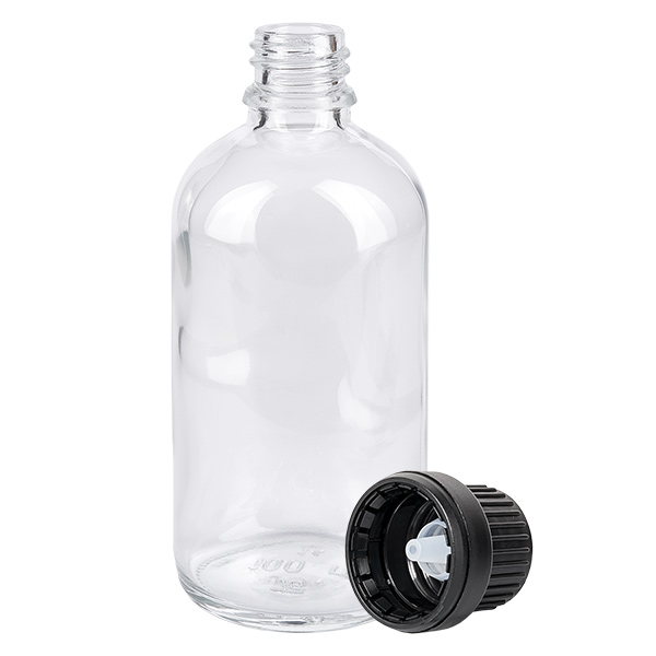 100ml druppelfles 2mm zwart OV ClearLine UT18/100 Lege glazen fles van 100 ml met zwarte druppeldop (opening 2 mm) uit de ClearLine-serie