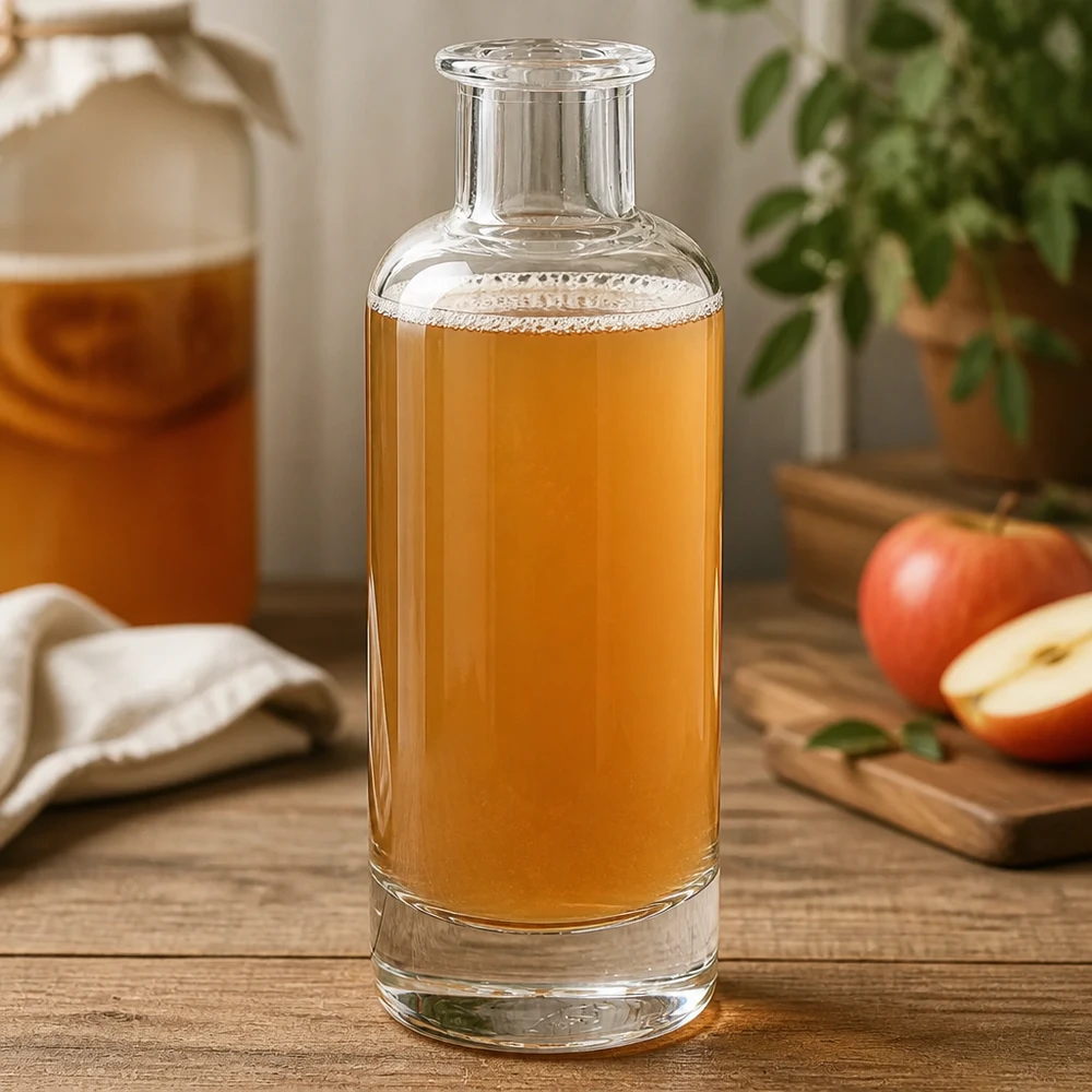 200 ml glazen fles Ella zonder sluiting UNiTWIST® 200ml Glasflasche Ella mit Apfelsaft befüllt in Küche zeigt vielseitige Nutzung für Säfte und Getränke