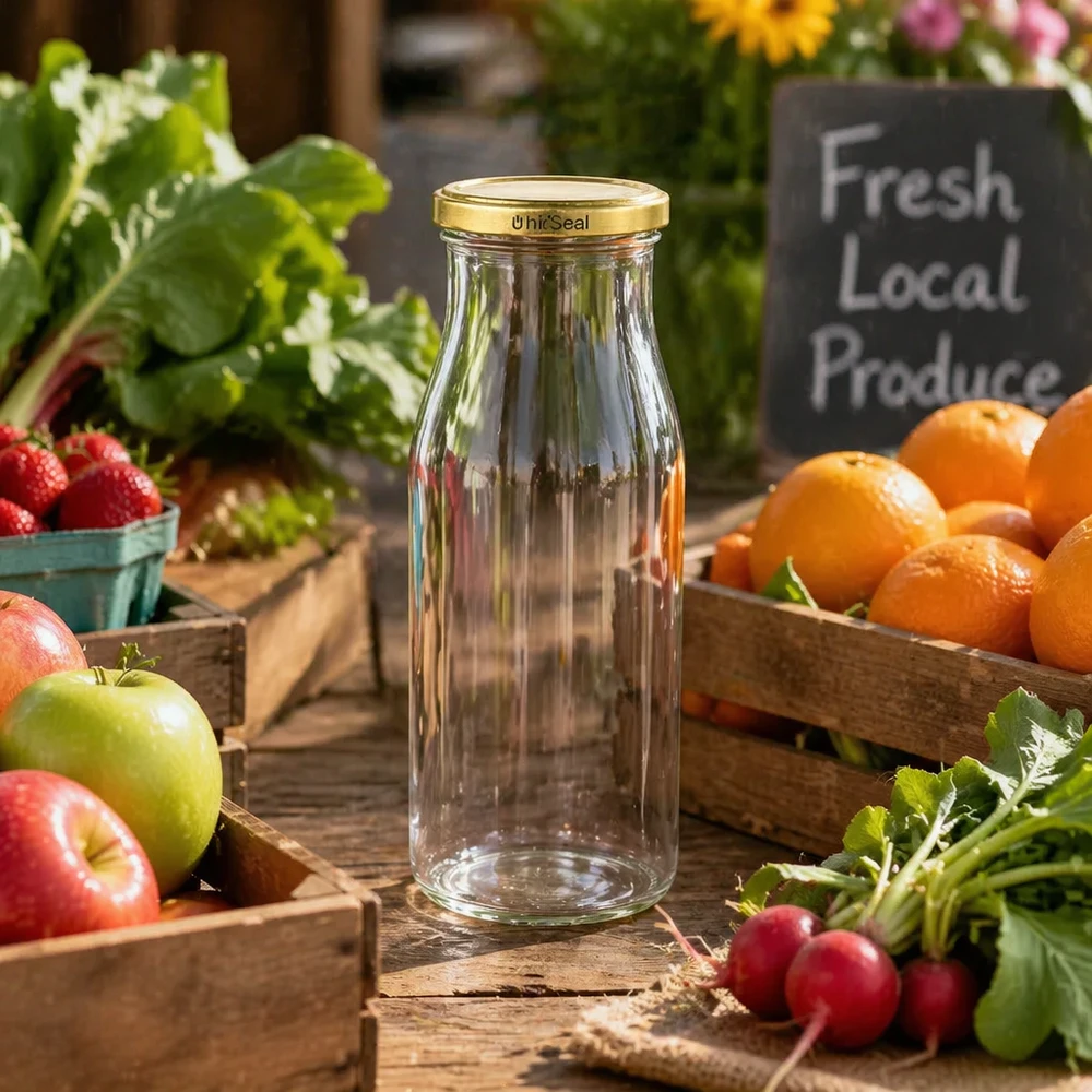 UNiTWIST glazen fles 150ml met gouden TO43 BioSeal deksel tussen vers fruit en groenten op een houten tafel