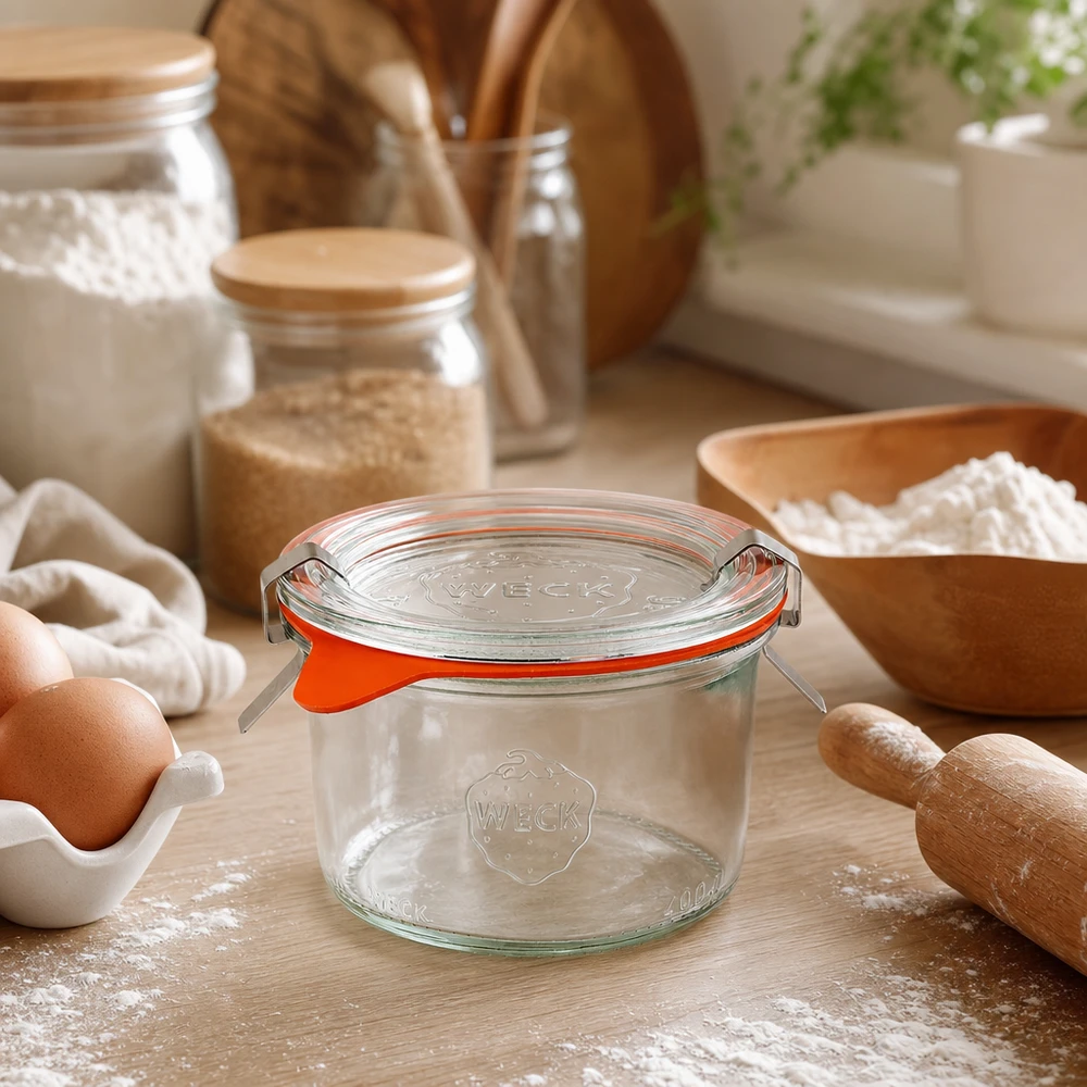 WECK bekers 200ml RR80 in keukentafereel met bakingrediënten bloem eieren en houten keukengerei om te bakken en koken