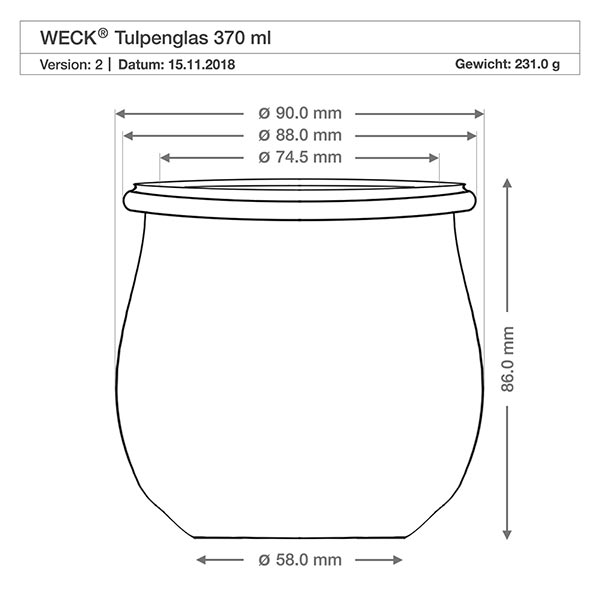 WECK RR80 tulpvormige pot van 370 ml met vershouddeksel Technische tekening WECK tulpenpot RR80 370ml met afmetingen en productspecificaties, gewicht 231g