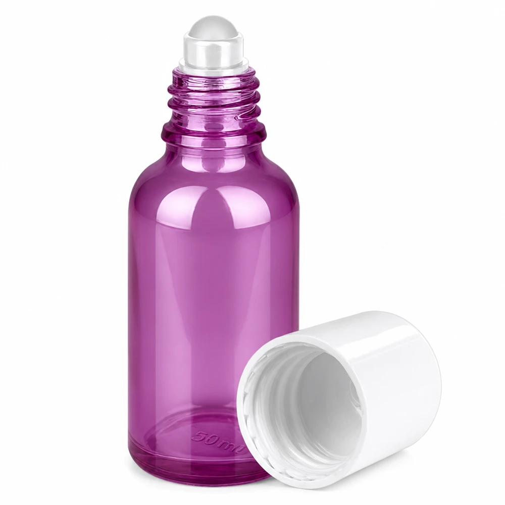 Violet glazen flesje 30ml met praktische roll-on dop voor parfumoliën en cosmetica