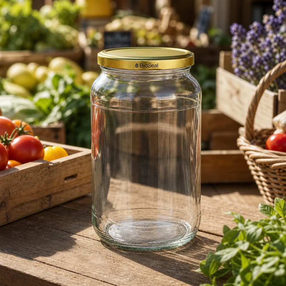 1062ml rond glas met BioSeal deksel goud UNiTWIST UNiTWIST Runda1062 glazen pot leeg marktkraam verse groenten TO82 BioSeal gouden deksel sfeer boerenmarkt