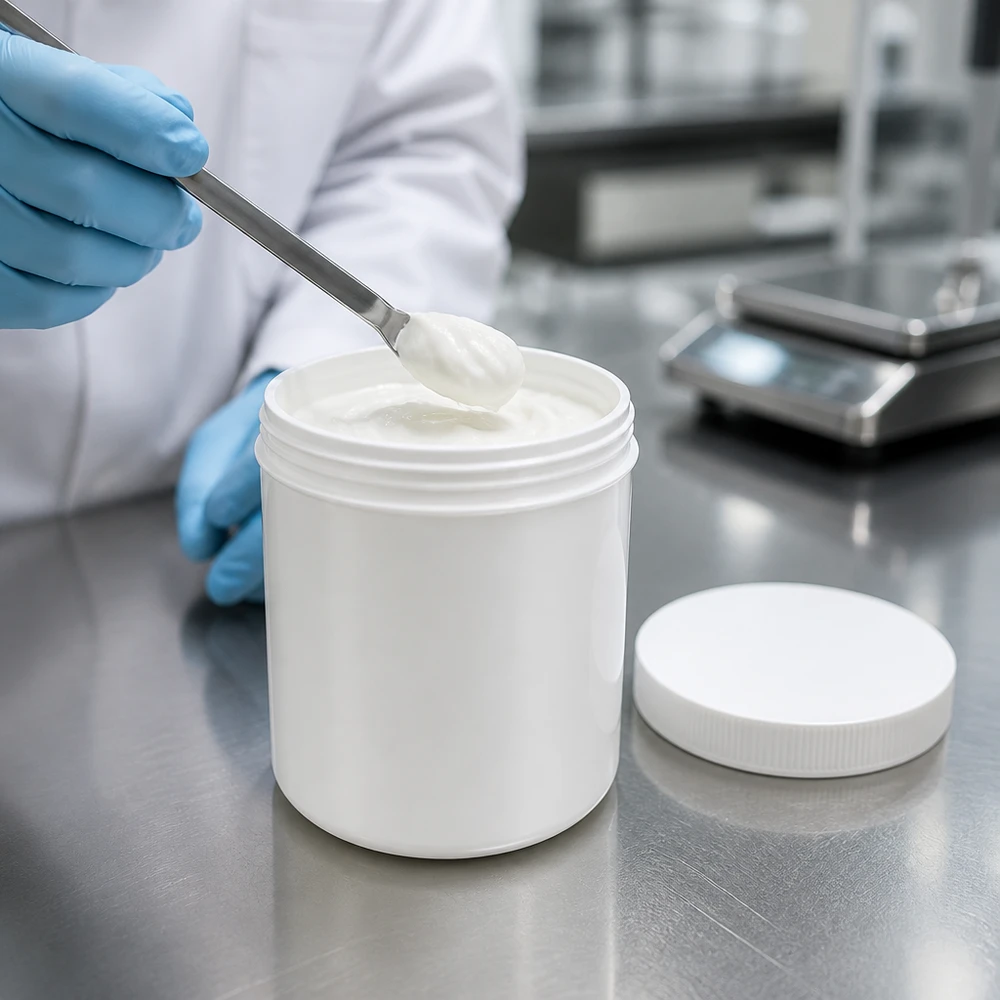 Hersluitbare witte plastic pot van 500 g voor apotheekcrèmes en medische zalven