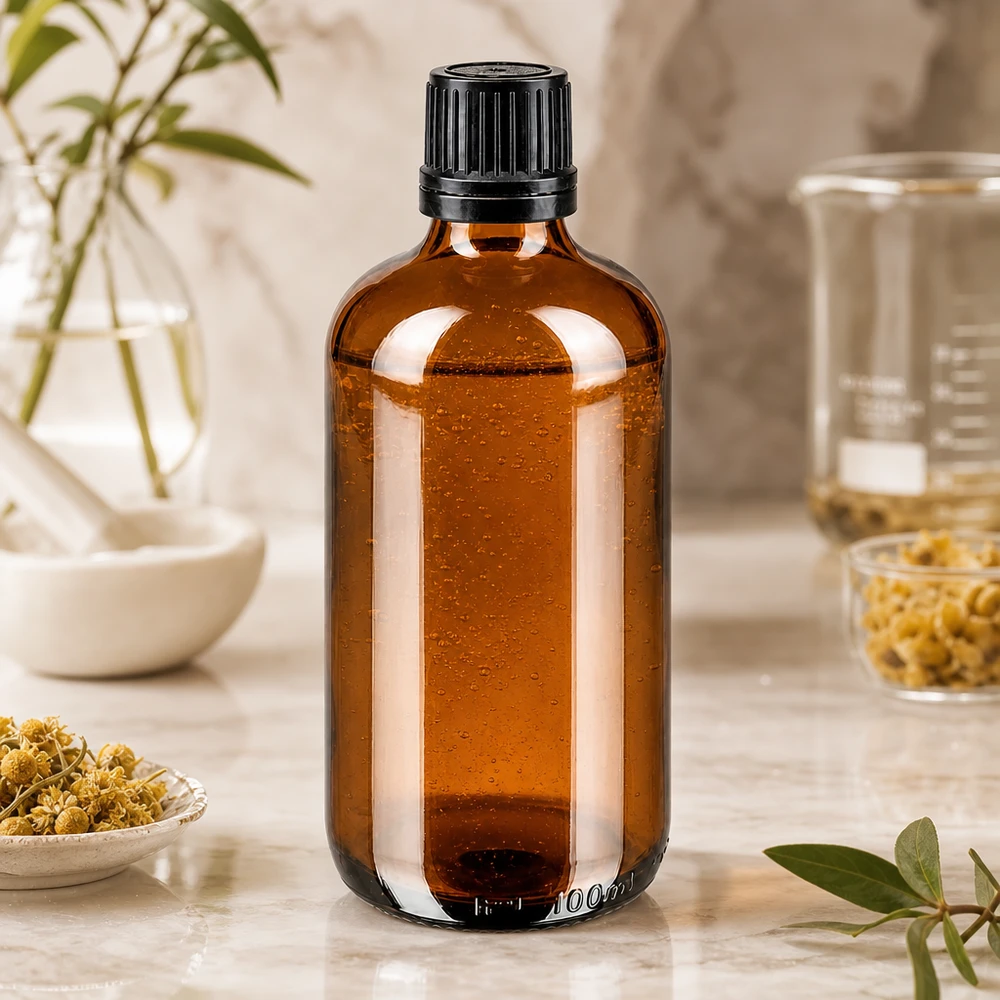 UV-bestendig apothekersglasflesje van 100 ml, amberkleurig, met een zwarte, fraudebestendige dop