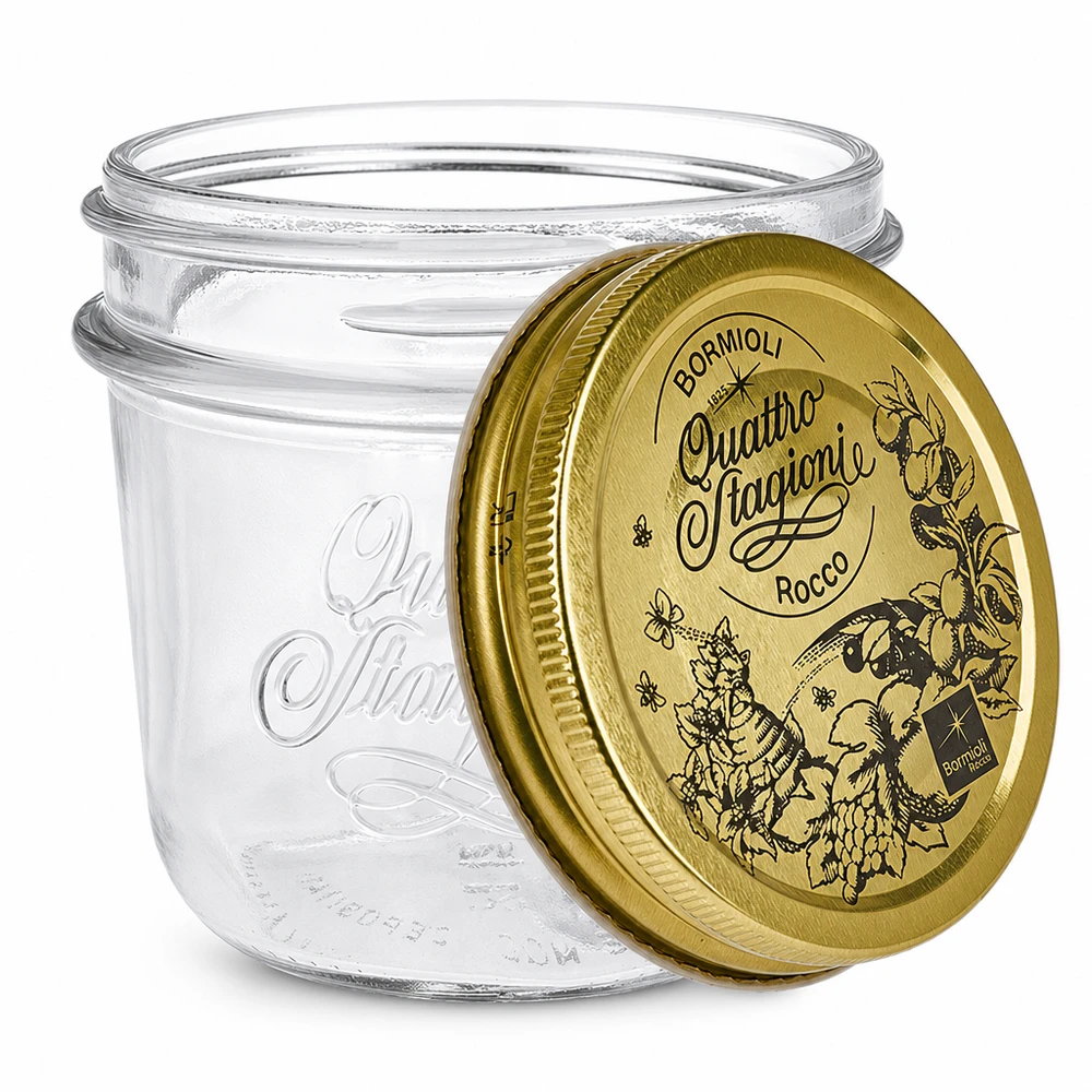200ml "Quattro Stagioni" bekers met deksel 200ml Quattro Stagioni bekers met gouden deksel Bormioli Rocco inmaakpot transparant leeg