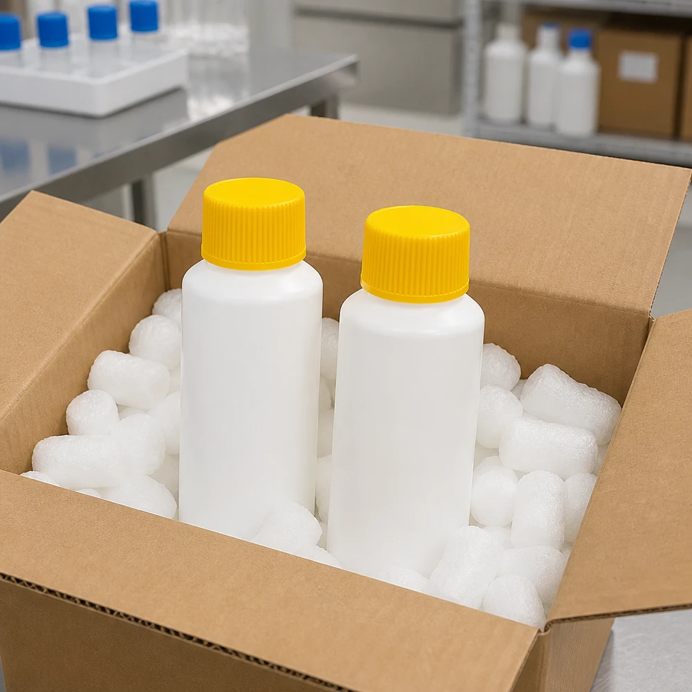 Set van twee witte apotheekflesjes van 30 ml HDPE met gele SV in een gewatteerde verzenddoos voor laboratoriumgebruik