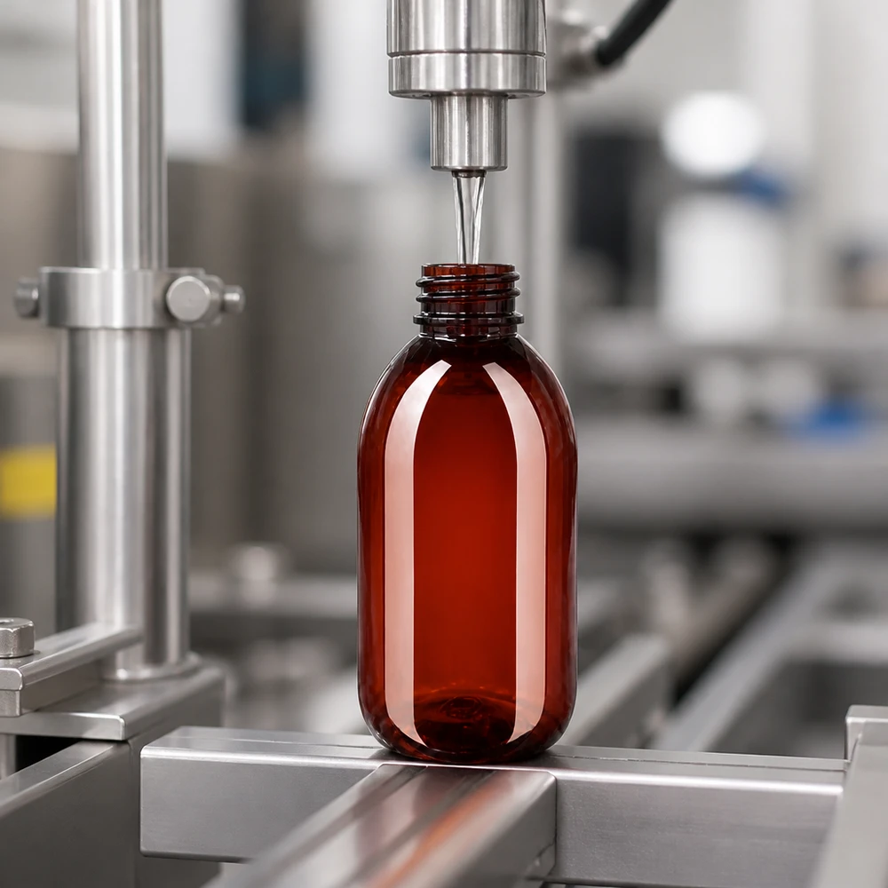 De ovale bruine PET-fles van 250 ml wordt nauwkeurig gevuld via een vulnaald in de afvulinstallatie