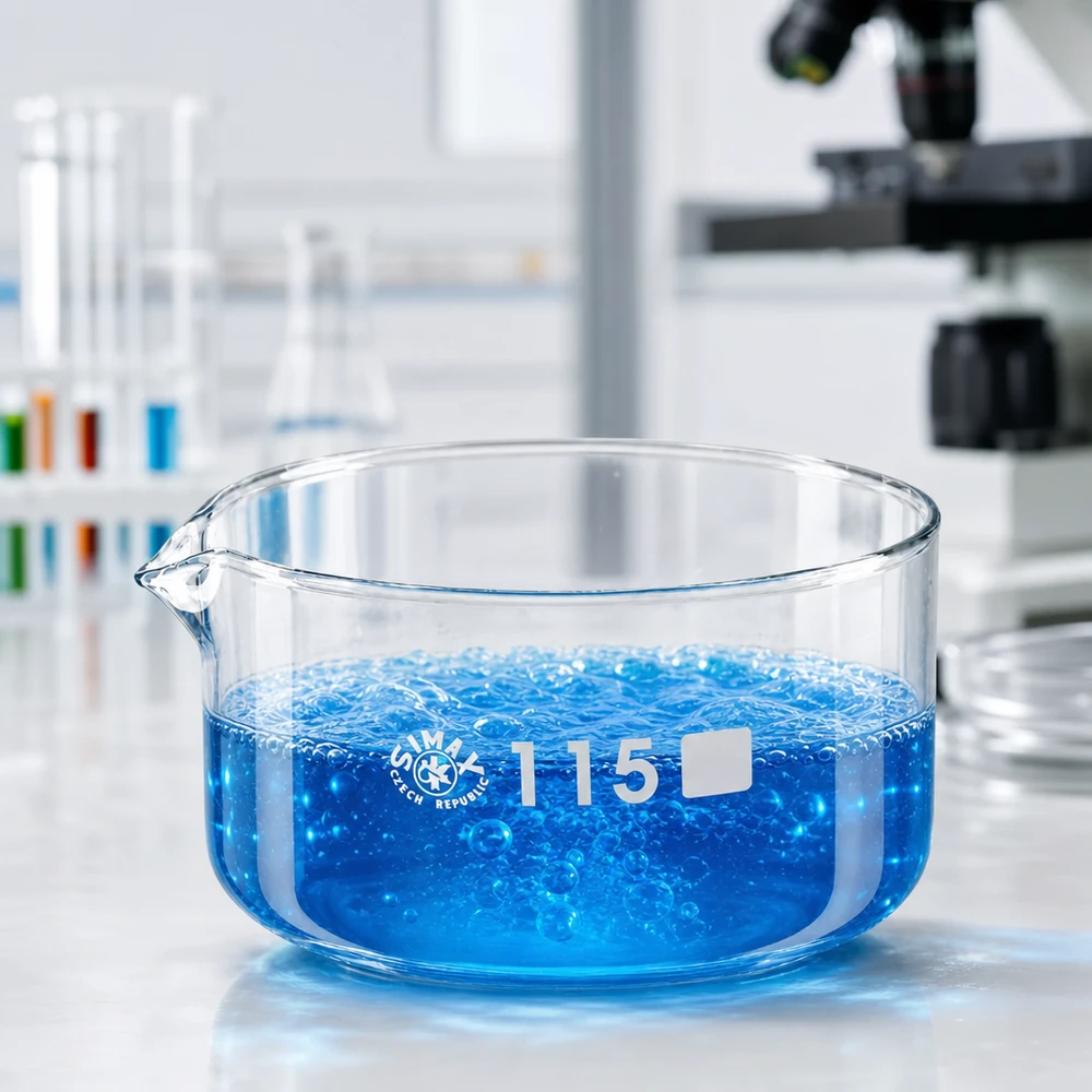 Kristalliseerschaal 500ml met schenktuit Vlakke laboratoriumschaal met uitgietmond, 500 ml, blauw, met kokende chemicaliën; microscoop op de achtergrond, 115 mm