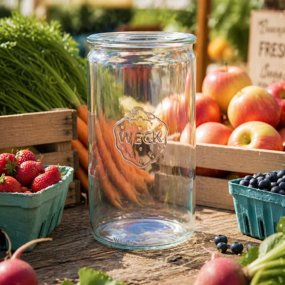 1590 ml cilindrische glazen pot WECK RR100 WECK RR100 cilinderpot 1590ml leeg op een houten tafel omringd door vers fruit, bessen en groenten in een marktsfeer