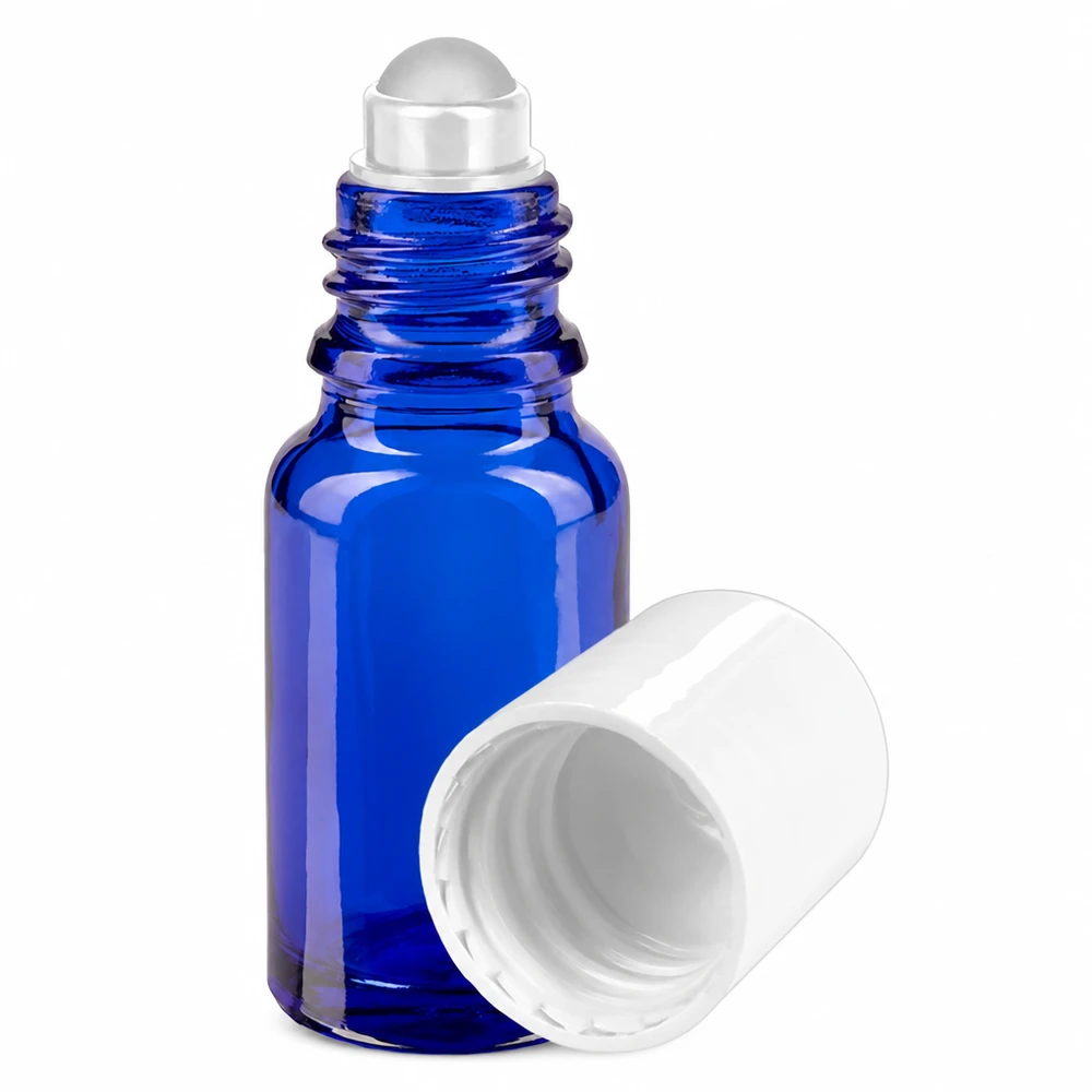 Kleine roll-on-fles van 10 ml van blauw apothekersglas, ideaal voor parfum en aromatherapie