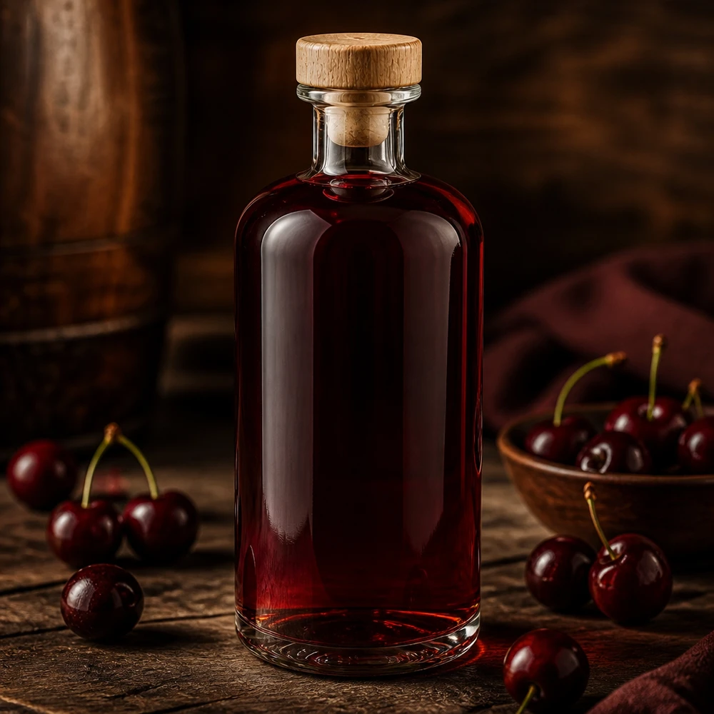 500 ml Apothekersfles Flora met houten handgreepkurk UNiTWIST® Flora 500ml glazen fles met houten kurk gevuld met kersenlikeur tussen verse kersen op een rustieke houten tafel