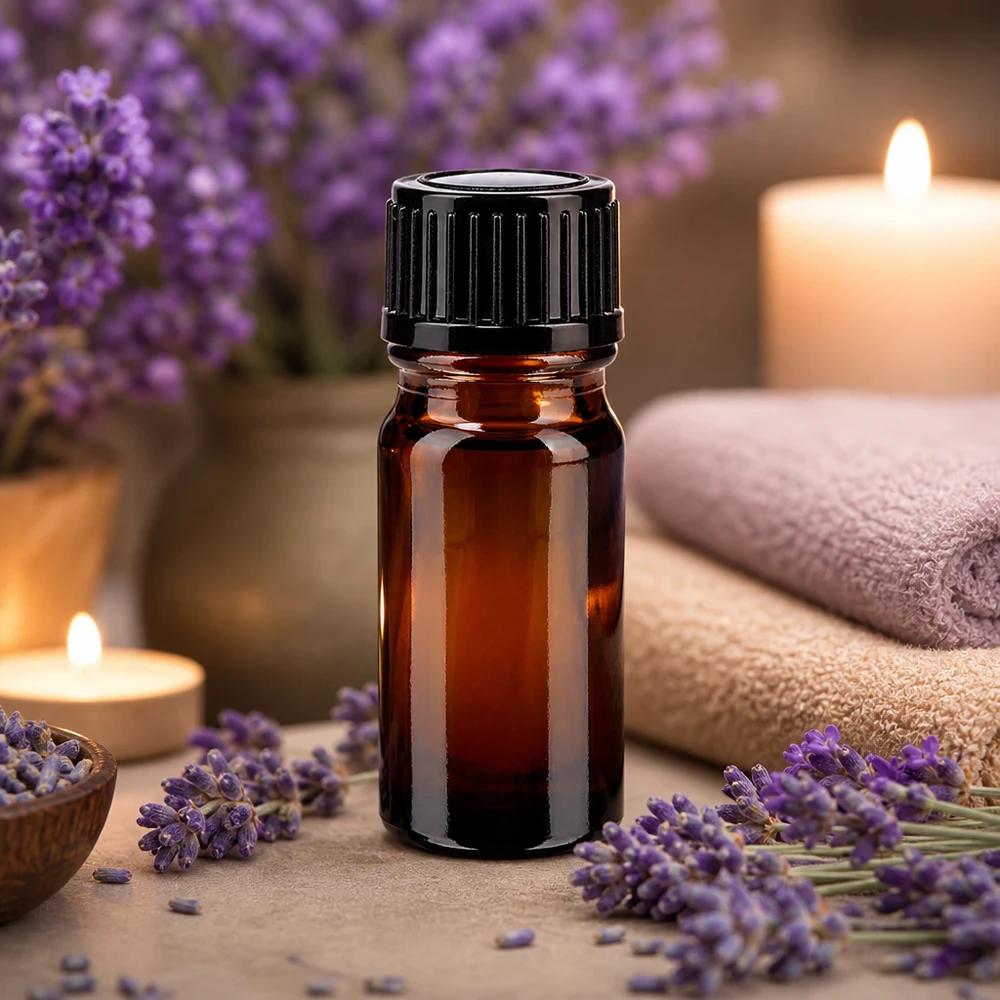 Bruine glazen fles 5ml met zwart schroefsluiting St Miniatuurflesje van 5 ml van bruin apothekersglas met zwarte schroefdop Spa Ambiente