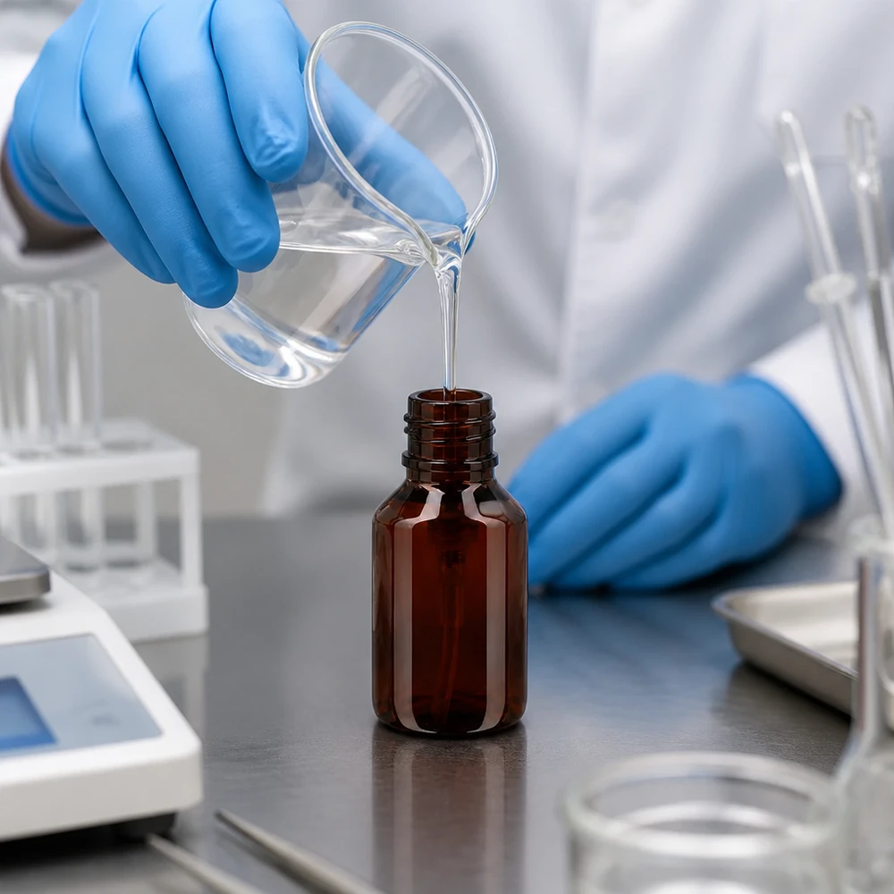 PET-fles 50ml met dispenserpomp zwart Wetenschapper doseert een heldere vloeistof nauwkeurig in een bruine PET-dispenserfles van 50 ml
