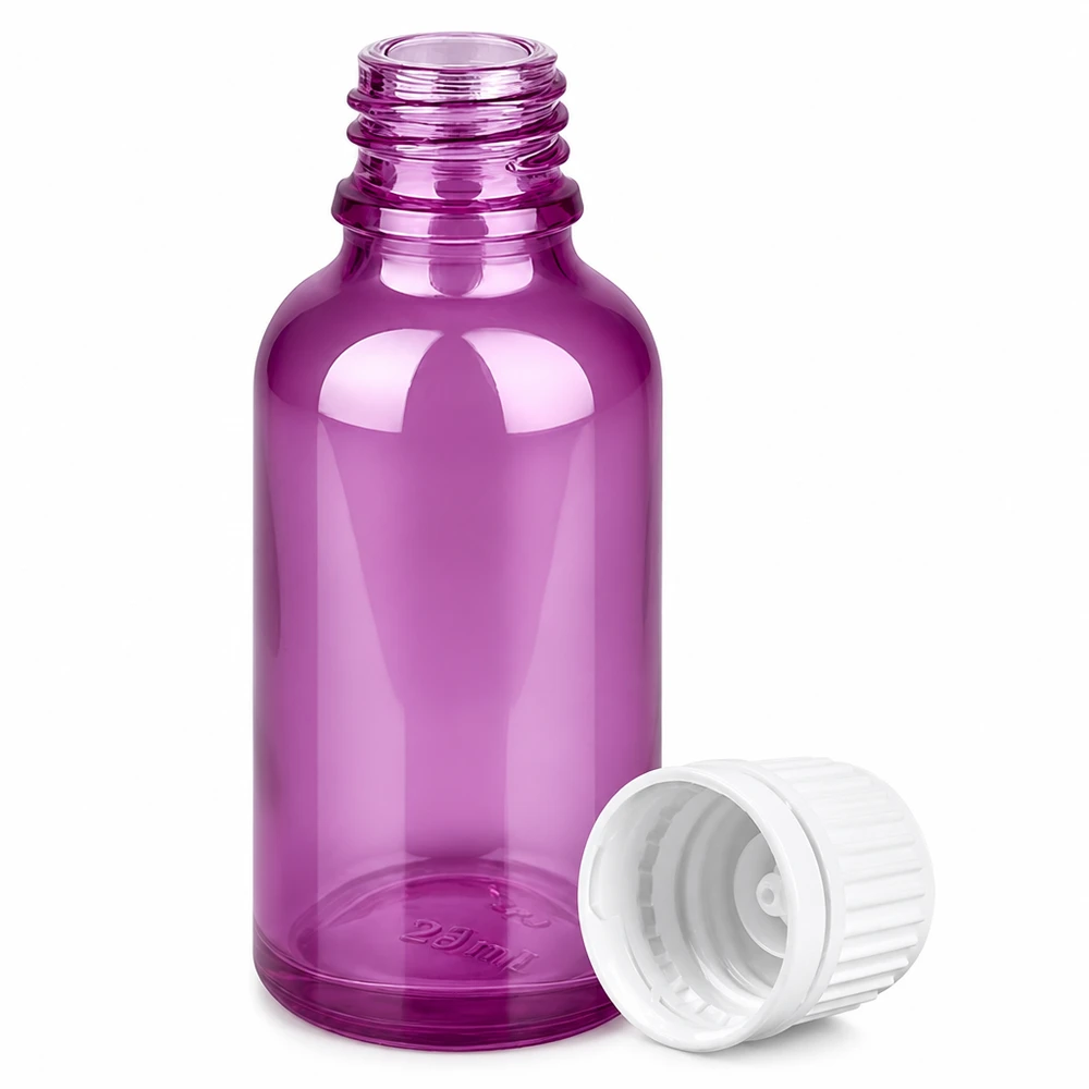 30ml fles 11mm witte originaliteit schroefdop PurpleLine UT18/30 30ml apothekersflesje in elegant paars met kindveilige witte verzegelstop