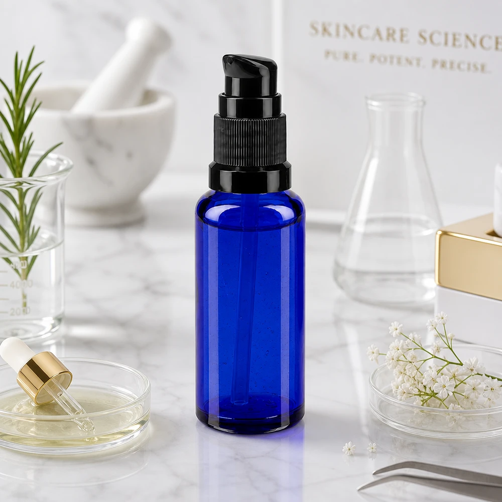 Kleine blauwe serumfles van 30 ml, gemaakt van apothekersglas, met een zwarte pomp