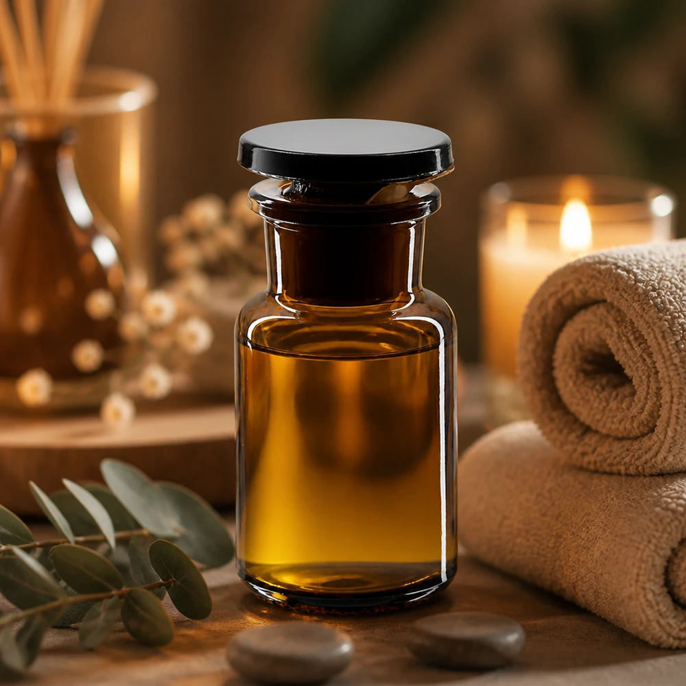 Elegante voorraadfles van 50 ml van bruin glas met brede hals en stop voor natuurlijke cosmetica