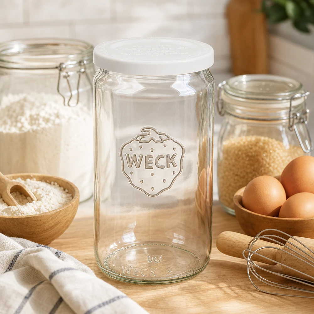 WECK 340ml cylinder pot leeg met wit RR60 deksel in bakkeuken met eieren bloem en houten keukengerei
