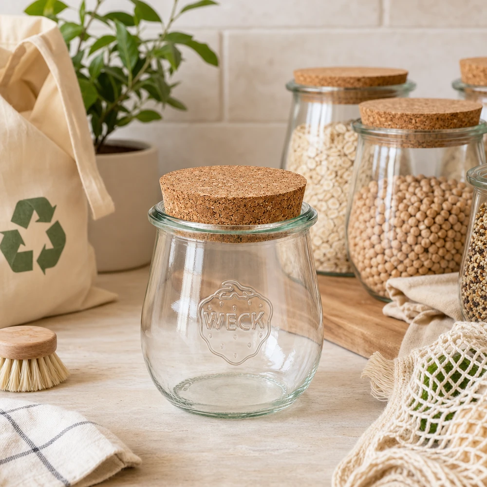 220ml tulpenglas WECK RR60 met kurk WECK tulpenpot RR60 220ml leeg met kurkdeksel in duurzame zero-waste keuken naast voorraadpotten met peulvruchten
