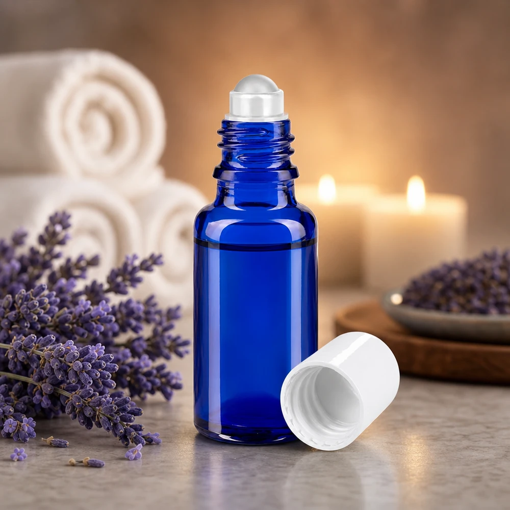 Apothekersflesje blauw 20ml roll-on cap wit Lavendelrollerflesje 20 ml, blauw met witte dop op marmer met wellness-decoratie