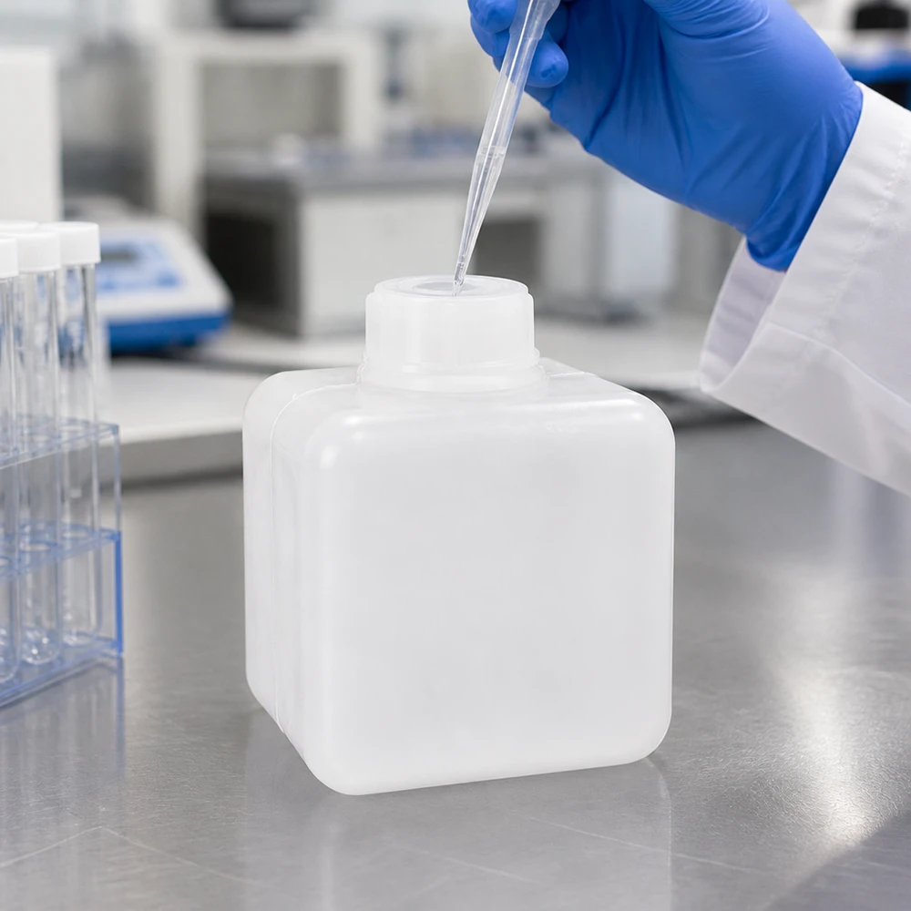 Chemicaliënfles 500 ml, nauwe hals, incl. sluiting GL 32 Doorschijnende kunststof fles van 500 ml met smalle hals, PE-HD, voor chemische stoffen in gebruik