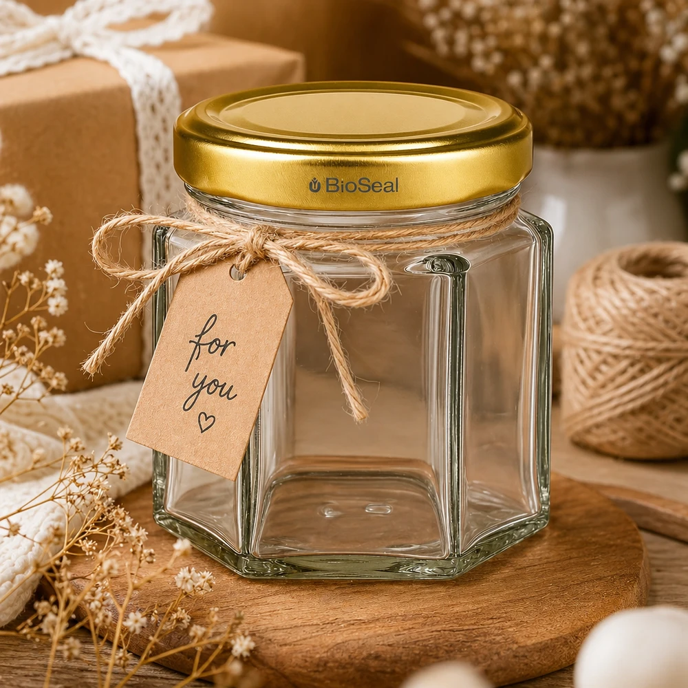 60g honingpot BioSeal leeg met cadeaulabel voor jou in een rustiek decoratief tafereel met jute koord en gedroogde bloemen