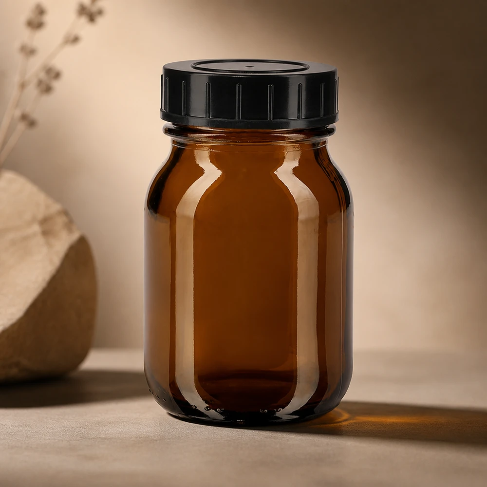 75ml amberkleurig glazen flesje met wijde hals en schroefdop Hoogwaardige 75ml amberkleurige glazen fles met schroefdop voor het optimaal bewaren van supplementen