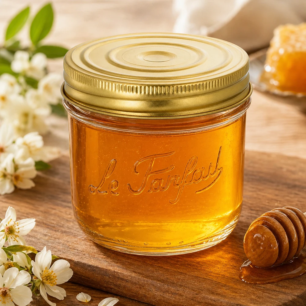 Honing in een 415ml Le Parfait Familia Wiss pot met gouden deksel op een houten plank met bloemen en honinglepel