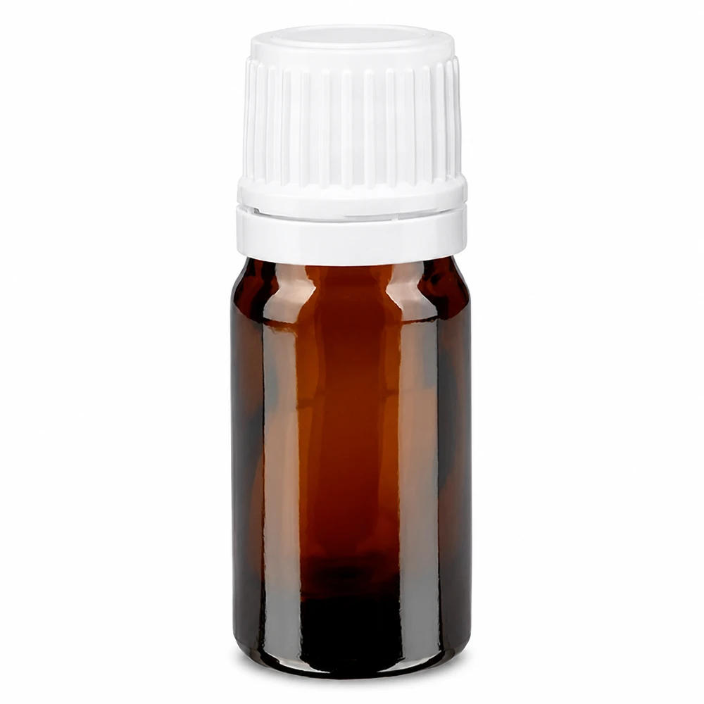 Flesje van barnsteenglas, 5 ml, met witte veiligheidsdop, UV-bescherming, apotheek