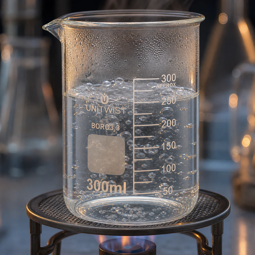 Beker 300ml borosilicaat, lage vorm UNiTWIST Borosilicaat laboratoriumglas van 300 ml, laag model, met kokende vloeistof tijdens een laboratoriumexperiment