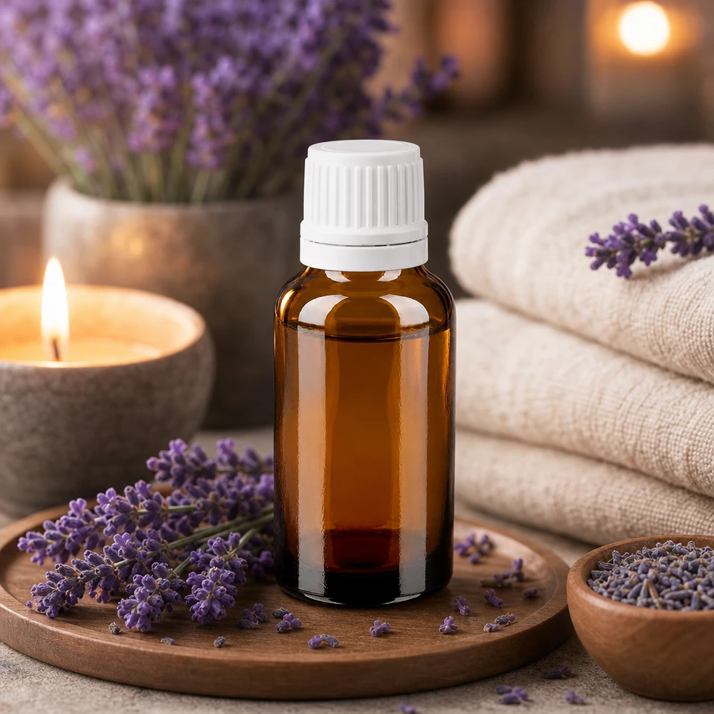 Compacte apothekersfles van 20 ml, bruin glas, OV wit, voor etherische oliën, hydrolaten en tincturen